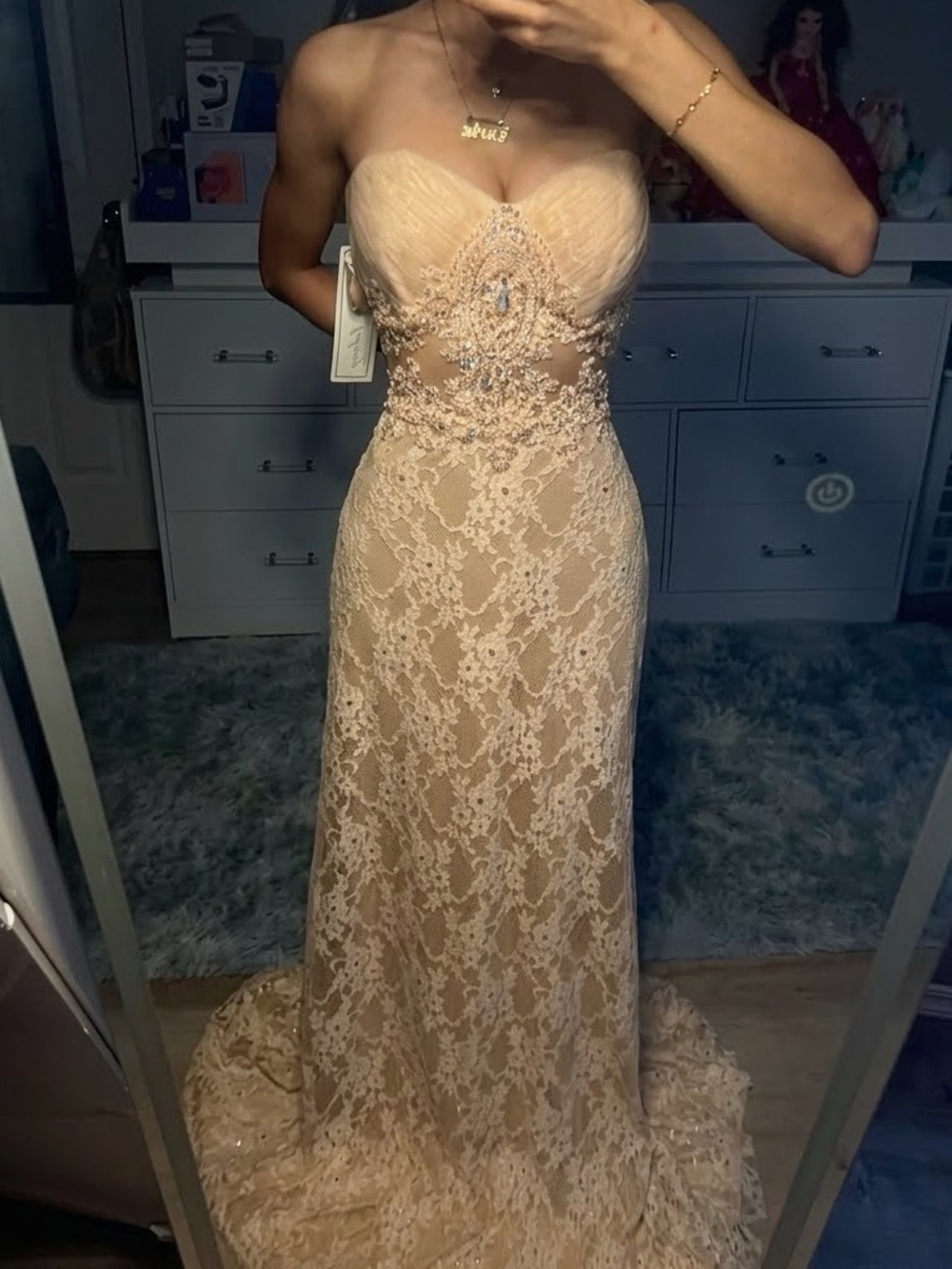 NWT Dave & Johnny 1137 Blush Pink Lace Strapless Prom Dress Gown Size 3/4